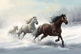 Horses winter field. Herd animal. Generate Ai