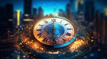 Time Concept With Vintage Clock. Close Up Of Clock Face. Time Concept. 3d Illustration Of Clock Face In Neon Light. Time Concept.

