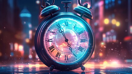 Canvas Print - Time concept with vintage clock. Close up of clock face. Time concept. 3d illustration of clock face in neon light. Time concept.

