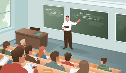 teacher gives a lecture to students in a university auditorium. science education and learning conce