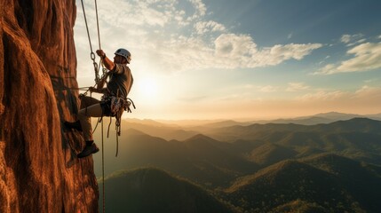 Climber rappelling down cliff with helmet and backpack.