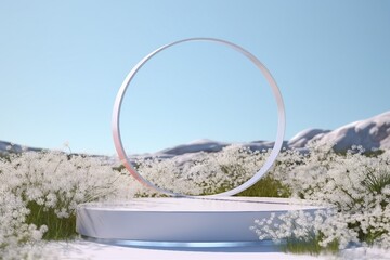 Wall Mural - Abstact 3d render Natural background, White podium on the snow ground and flowers field, backdrop glass arch and clear sky for product display, advertising, cosmetic or etc. generative ai.