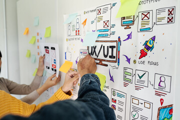 Wall Mural - close up ux developer and ui designer brainstorming interface wireframe design.creative digital deve