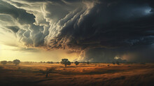 Dramatic Storm Clouds Over Rural Landscape At Sunset