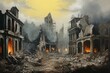 cityscape in ruins with damaged buildings and smoldering residences. Generative AI