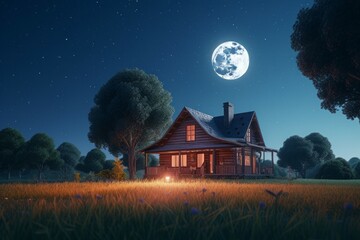 Wall Mural - Moon meadow house. Dark star. Generate Ai