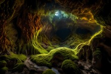 Picture A Subterranean World Where Glowing Fungi And Lichen Cover The Walls Of A Cave, Casting An Enchanting, Soft Radiance. Produce An Image That Showcases This Unique Underground Ecosystem