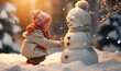 lachendes Kind im Winter mit Schneemann