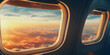 Sunset view from airplane window above the clouds . Heavenly Sunset View from Plane. Sunset Serenity Above the Clouds