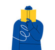 © Stranger Man - Man holding open book and reading for distance studying or self education. Colorful vector illustration