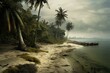 Desolate shoreline on lush island surrounded by palms. Generative AI