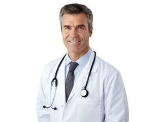 Wall Mural - professional middle age doctor Man with stethoscope on his neck in medical work clothes- medium shot on transparent white background png for healthcare designs