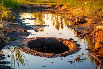 environmental pollution. wastewater. dirty water pipe polluting the environment. pollution concept. 