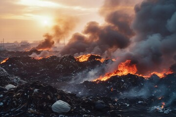 Wall Mural - War, humanitarian catastrophe. Environmental pollution. Fire at the landfill. The concept of ecological disaster.