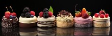 Sweet Pastries With Berries. Various Assortment In The Confectionery. Mousse Cake With Sponge Cake And Cream. Elegant Decoration By The Pastry Chef. Place For Copy Space, Banner