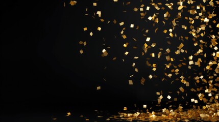 Wall Mural - Raining gold confetti isolated on black, party background concept with copy space for award ceremony, New Year's Eve and jubilee.