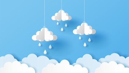 Wall Mural - Paper cut of clouds and raindrops  on blue background. Vector illustration