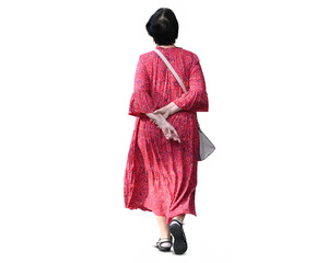 Woman grandma in red dress clothing walking goes rear back view