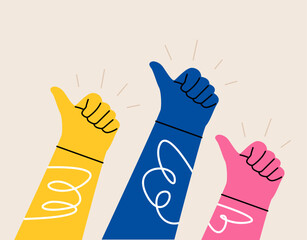 Thumb up hand. Good, great job, well done, ok. Concept of approval, agreement. Colorful vector illustration