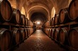 A wine cellar filled with rows of aging wine barrels created with Generative AI technology