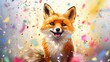 Festive gift fox with vibrant confetti background.