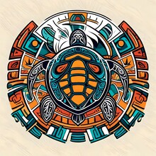 A Colorful Sea Turtle Illustration Done In Native American Style Art Suitable For A T-shirt Design.