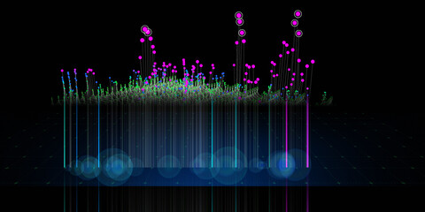 Abstract background wireframe array from white lines and color dots. Technology wireframe concept in virtual space.Banner for business, science and technology data analytics. Big Data.