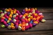 Wooden heart composed of vibrant tulips in the shape of love. Generative AI
