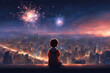Anime art of a boy looking at the fireworks over the skyline of a metropolitan city.