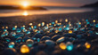 Pebbles glowing in the sea beach during sunset.