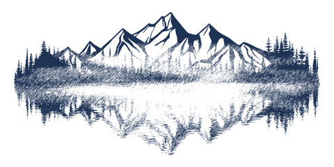 Forest and mountains are reflected in the lake, vignette. Vector sketch, imitation of a pencil drawing.