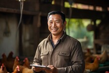 Asian Farmer Man Smiling Looking At Camera Holding A Red Chicken, Kneeling In A Chicken Bag. Modern Farmer Use Tablet Working In Chicken Farm