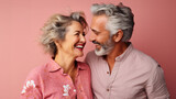 Fototapeta  - Beautiful gorgeous 50s mid age elderly senior model couple with grey hair laughing and smiling. Mature old man and woman close up portrait. Healthy face skin care beauty, skincare cosmetics, dental