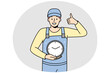 Smiling man in uniform holding clock in hands showing thumb up. Happy male worker with watch care about time management and deadline. Vector illustration.