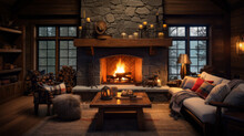 A Cozy Cabin Living Room With A Stone Fireplace, Log Walls, Plaid Upholstery, And A Large Bear-skin Rug