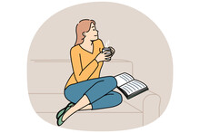 Dreamy Young Man Sit On Sofa Reading Book Drinking Coffee. Happy Girl Relax On Couch In Living Room With Warm Beverage. Vector Illustration.