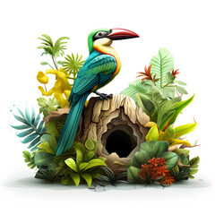 Wall Mural - Colorful bird with tropical plants isolated on white