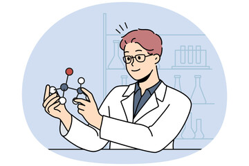 Wall Mural - smiling male scientist working with atom model in laboratory. happy man researcher in uniform busy i