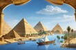 ancient civilized Egypt with the pyramid of Giza and nile flowing Nile riverfront around it