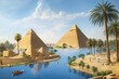 ancient civilized Egypt with the pyramid of Giza and nile flowing Nile riverfront around it
