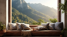 A Cozy Nook With A Window Seat, Throw Pillows, And A View Of The Mountains