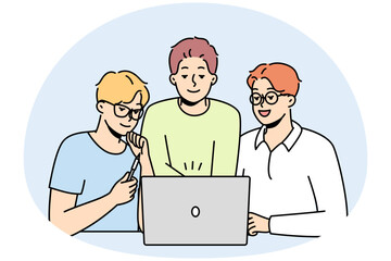 Canvas Print - Smiling male colleagues look at computer screen brainstorming together. Happy coworkers cooperate working on laptop at workplace. Teamwork. Vector illustration.