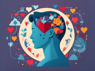 mental health day human profile and heart with icons