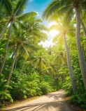 Fototapeta Las -  Lush Coconut Grove in Tropical Paradise,Tropical Oasis: Lush Coconut Grove,Vibrant Coconut Grove,Exotic Forest ,Coconut Palms in Paradise