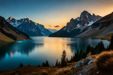  Beautiful nature landscape with mountains and lake.AI generated