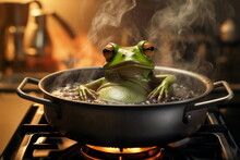 Frog Relaxing In A Pot Of Hot Heating Water On The Stove