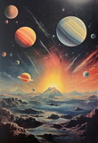 Fototapeta Kosmos - planets and distant volcano in sky of alien world, vintage lithograph print on textured cream paper