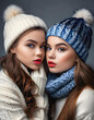 fashion illustration of two teen models in woolen winter clothing, generative ai