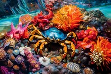 A Close-up Of A Vibrant Tidal Pool, Featuring A Hermit Crab And Barnacles Filtering Water For Sustenance. Generative AI