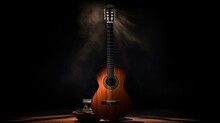 A Classical Guitar, Dramatically Lit Against A Deep Black Background, Highlighting The Intricate Details Of The Instrument. The Copious Space To The Side Is Perfect For Adding Text